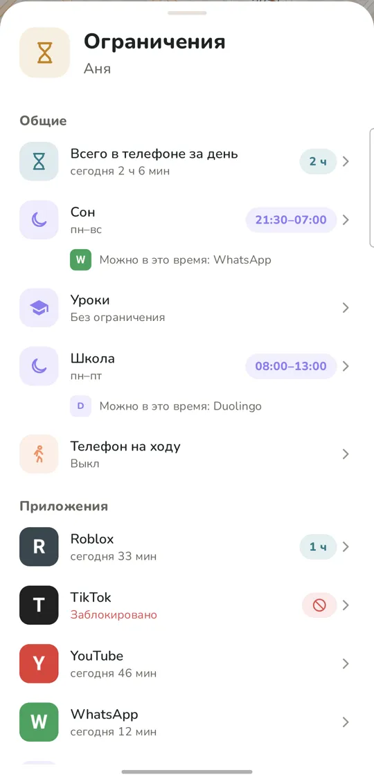 Ограничения: время в день, школа, сон и приложения